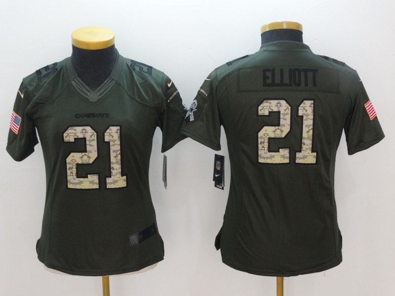 Womens Dallas Cowboys #21 EZEKIEL ELLIOTT Green Salute TO Service Jerseys